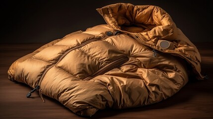 Close-up of a sleeping bag on a wooden floor in a dark room