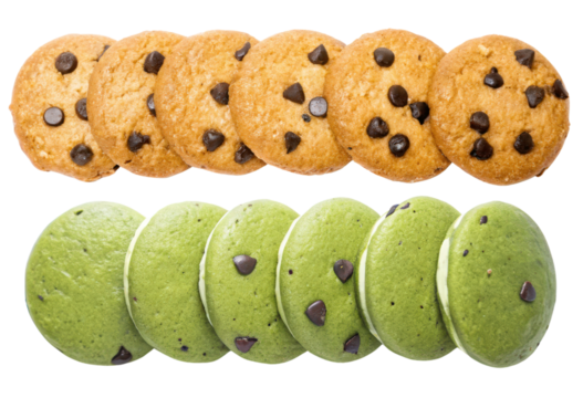 Chocolate chip cookies and matcha macarons isolated with transparent background