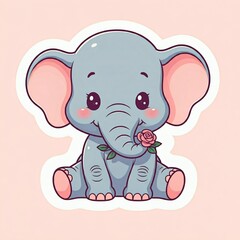 Obraz premium Chibi elephant with tiny feet and a wide smile, holding a flower in its trunk, designed like a fun sticker 