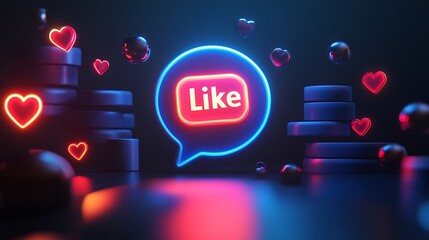 A vibrant "like" icon inside a speech bubble, surrounded by stacked elements with neon lighting that glows brightly, creating a dynamic social media notification effect