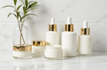 Mock up for manufacturers and sellers of skin care cosmetics. Jars and tubes white without labels of different shapes and sizes on a trendy white marble background. Freshness, natural ingredients and