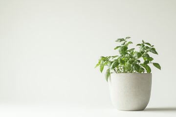 Small basil plant in a speckled grey pot against a white background.
