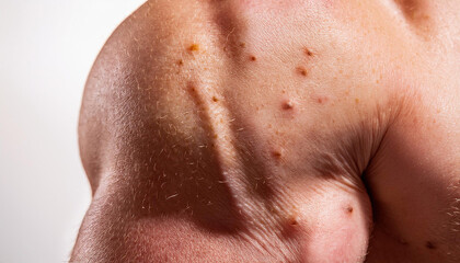 Fototapeta premium Shoulder skin with acne infection close-up. Skin health problems