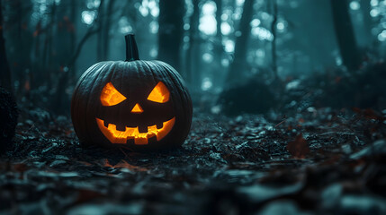 A jack-o’-lantern glowing softly on a leaf-strewn forest floor, with its simple triangular eyes and jagged mouth exuding a traditional Halloween charm.

