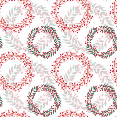 Hand-painted watercolor seamless texture with wreaths of seasonal branches. Pattern with painted branches and wild berries. Illustration for festive decor for Christmas, wedding, birthday.