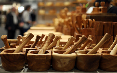 morteros artesanales de madera en el mercado para su venta