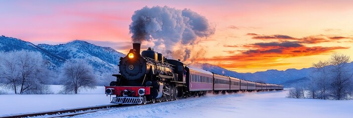 Fototapeta premium locomotive freight train on the tracks in the snowy winter landscape