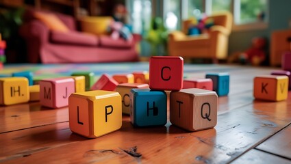 Colorful wooden blocks spelling out the word BEKUC on a wooden floor.