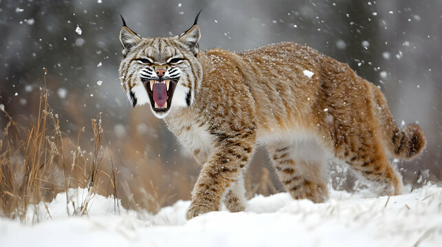 A lynx growling fiercely in a snowy forest, its body crouched and muscles taut as it prepares to leap, embodying agility and raw power.

