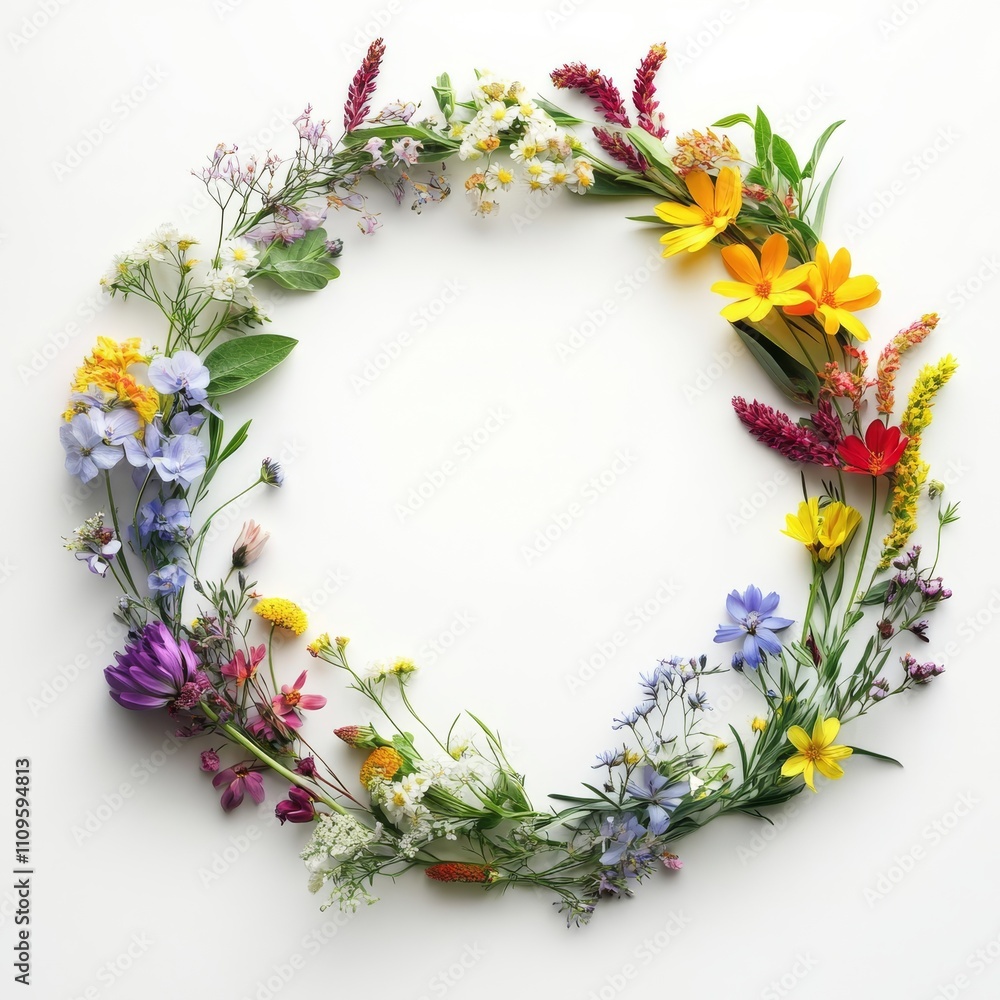 Aufkleber a vibrant round frame made from assorted wildflowers in a rainbow palette, perfect for springthemed 