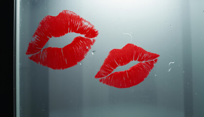 Red lipstick kisses on frosted glass, playful mood, unexpected kiss, intimate setting
