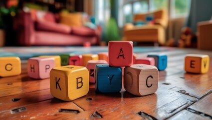 Colorful wooden blocks spelling out the word BEKUC on a wooden floor.