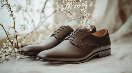 Naklejka premium Elegant Brown Leather Shoes with Delicate Floral Arrangement