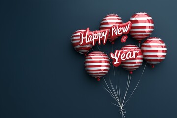 Happy New Year spelled with red and white striped balloons against a navy background, holiday theme. - Powered by Adobe