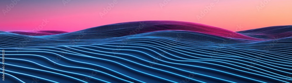 Poster vibrant neon landscape with curved waves and colorful gradient sky, creating a futuristic and abstra