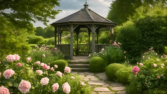 A beautiful garden with a gazebo