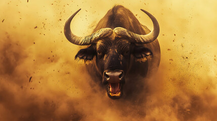 A buffalo under a fiery orange sky, surrounded by dust and showcasing its powerful build, with its sharp horns reflecting light dramatically.

