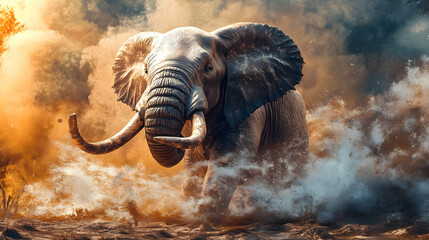 A bold African elephant walking through swirling dust clouds, with its ears raised and tusks glinting, showing strength and determination in a serene savanna.

