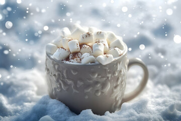 Fototapeta premium A cozy mug of rich hot chocolate with marshmallows sits on soft, snowy ground