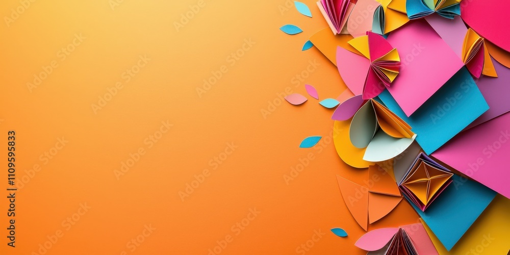 Poster kids art craft and collage concept. a vibrant arrangement of colorful paper shapes on an orange back