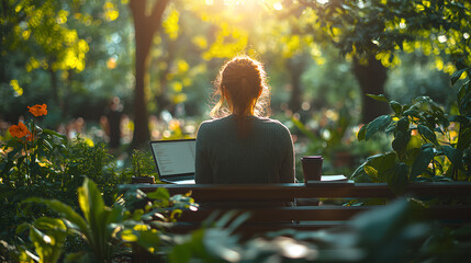 A person sits on a wooden bench in a lush garden, working on a laptop while enjoying a refreshing drink surrounded by vibrant greenery under soft sunlight. work life balance concept