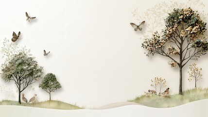 kids art  craft and collage concept. A serene landscape featuring trees, butterflies, and gentle hills, creating a peaceful and natural atmosphere.