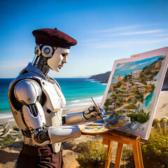 Robot androide pintando un cuadro en un pueblo de la costa