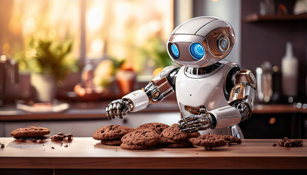 Robot androide haciendo galletas en la cocina de una casa actual