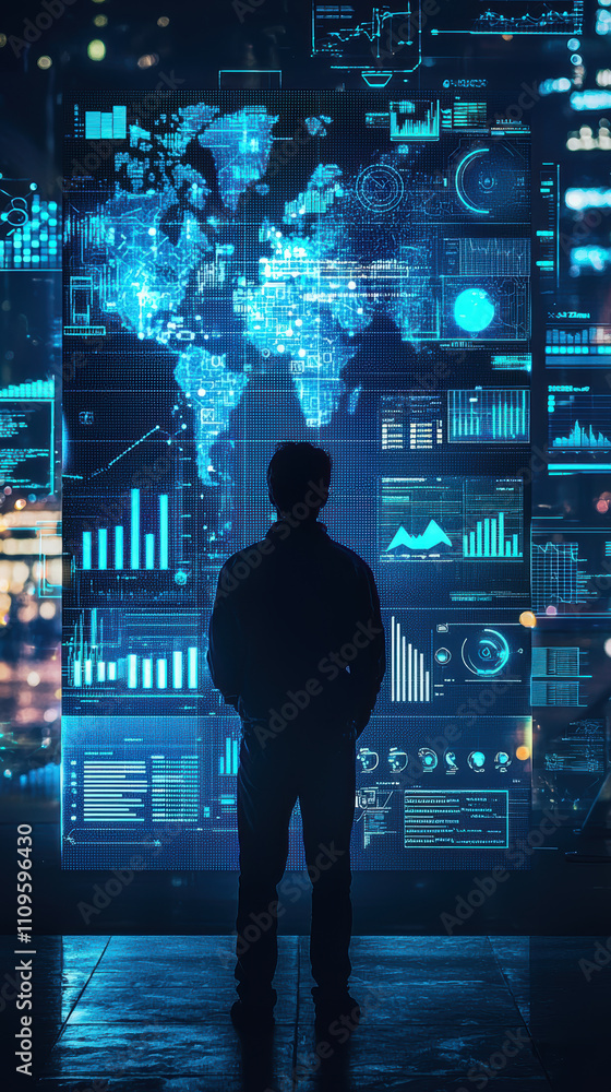 Poster figure stands in front of digital display showcasing world map and data visualizations. scene convey