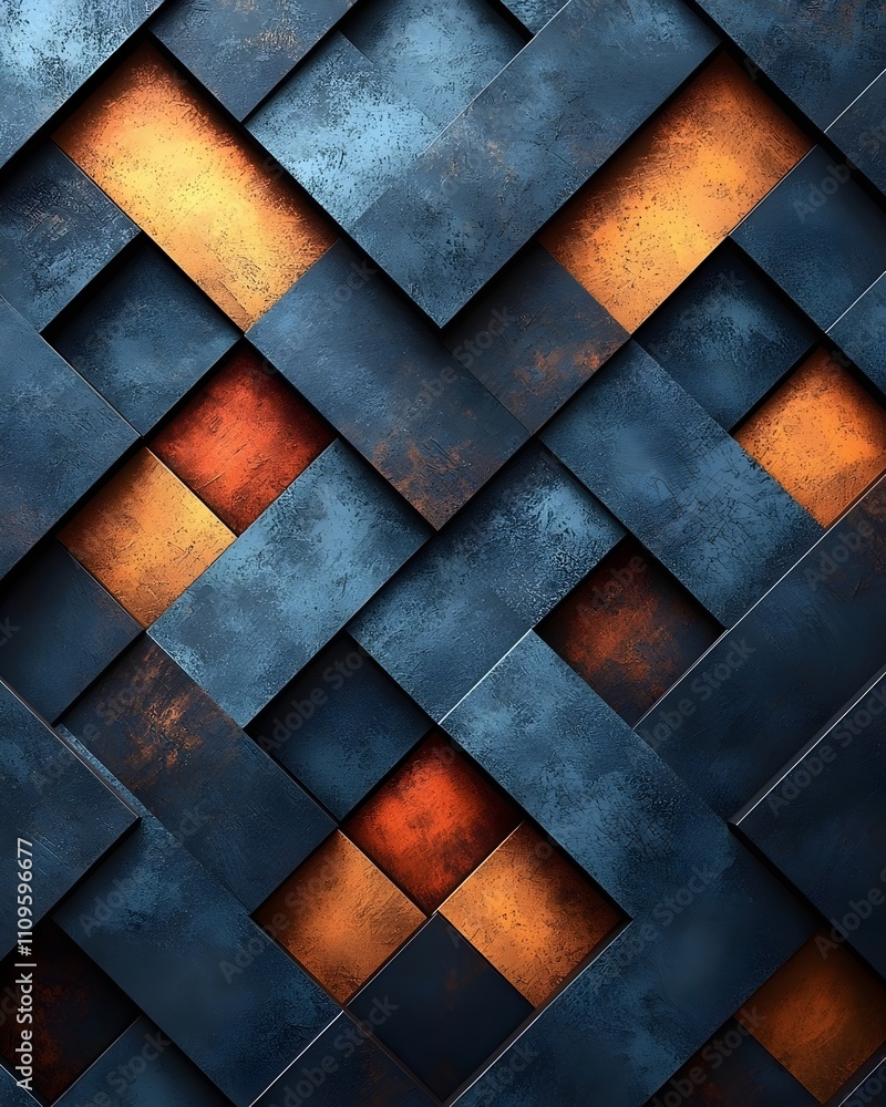 Aufkleber an abstract composition of interwoven dark blue and bronze metal panels, creating a dynamic texture 