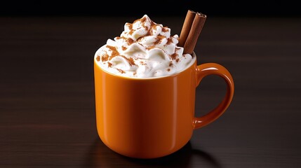 a spiced pumpkin latte with whipped cream and cinnamon sticks, served in a seasonal orange mug