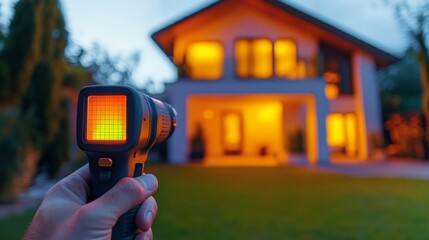 Naklejka premium This thermal image clearly reveals various hotspots and insulation issues present on the exterior of a home, assisting professionals in conducting thorough energy efficiency assessments