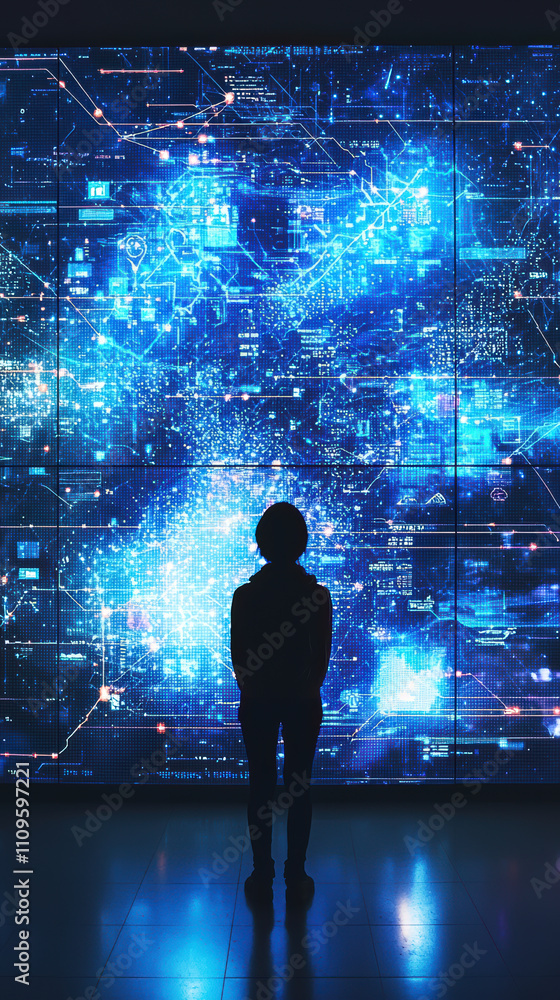 Poster person stands in front of large digital display showcasing vibrant blue data visualizations and tech