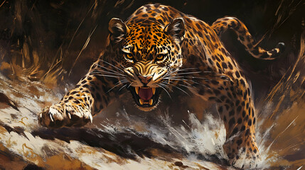 A ferocious jaguar leaping across a stream, its powerful muscles tensed and eyes locked on its target.

