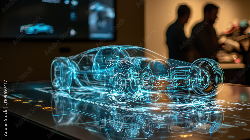 Poster holographic vehicle design displayed on table, showcasing intricate details and technology. backgrou
