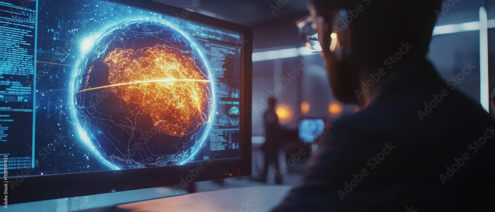 Poster person observing holographic globe displaying data and connections, symbolizing technology and globa