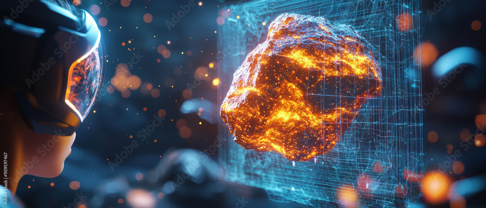 Poster futuristic scene featuring person in helmet observing holographic display of glowing asteroid. vibra