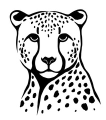 Hand-drawn cheetah face in bold black and white stylized design on a white background