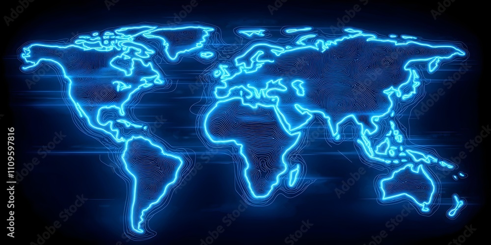 Poster a glowing blue neon world map with intricate line patterns highlighting continents, creating a moder