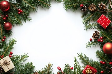 A festive garland of evergreen branches frame decorated with small gifts, ornaments and berries