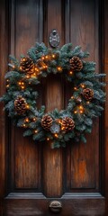 A beautiful New Year wreath on a rustic wooden door, adorned with pinecones and fairy lights, captured in stunning close-up detail.