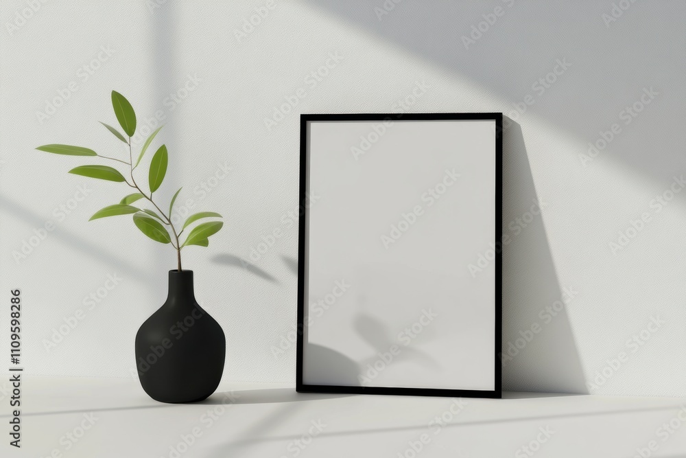 Aufkleber interior design, mockup display frames by the window in a bright, airy studio with a wide-open view