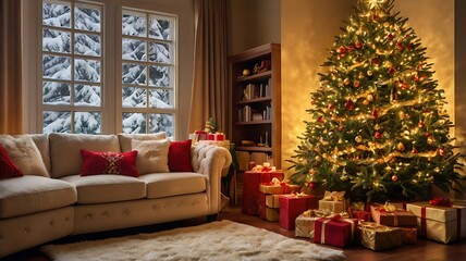 Fototapeta premium Classic Christmas Eve with Tree, Gifts, and Cozy Armchair