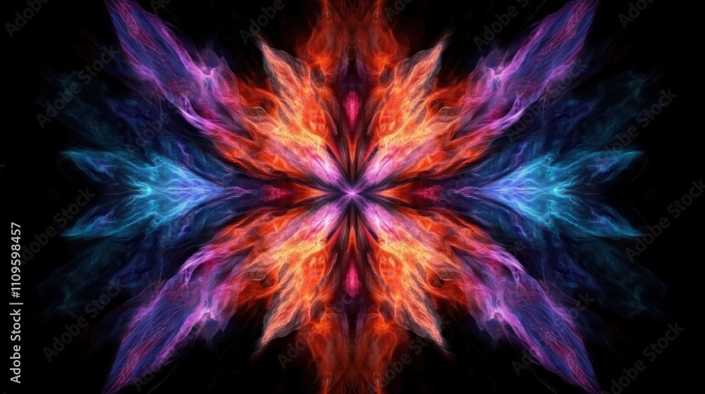 Poster abstract colorful digital art with fiery rays emphasizing symmetry and vibrant energy in a rich dark