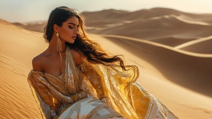 A Woman in a Golden Dress in a Desert