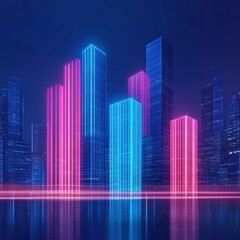 Night city skyline with glowing neon skyscrapers and vibrant lights creating a futuristic atmosphere for urban themes and technology concepts in digital art