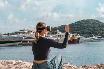 woman exploring a city in virtual reality, wearing VR goggles and carrying a suitcase, blending...