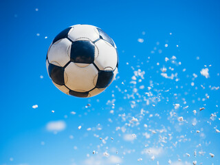 Naklejka premium A soccer ball soars through the air with a clear blue sky in the background