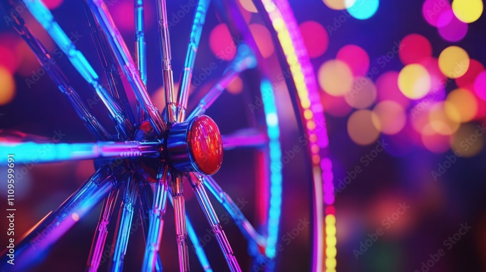 Poster close-up of a colorful bicycle wheel surrounded by vibrant bokeh lights in a dynamic urban scene at 