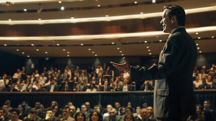 Business man representing business leader giving a motivational speech to a large audience of business professionals sharing insights on leadership and innovation in a grand conference hall